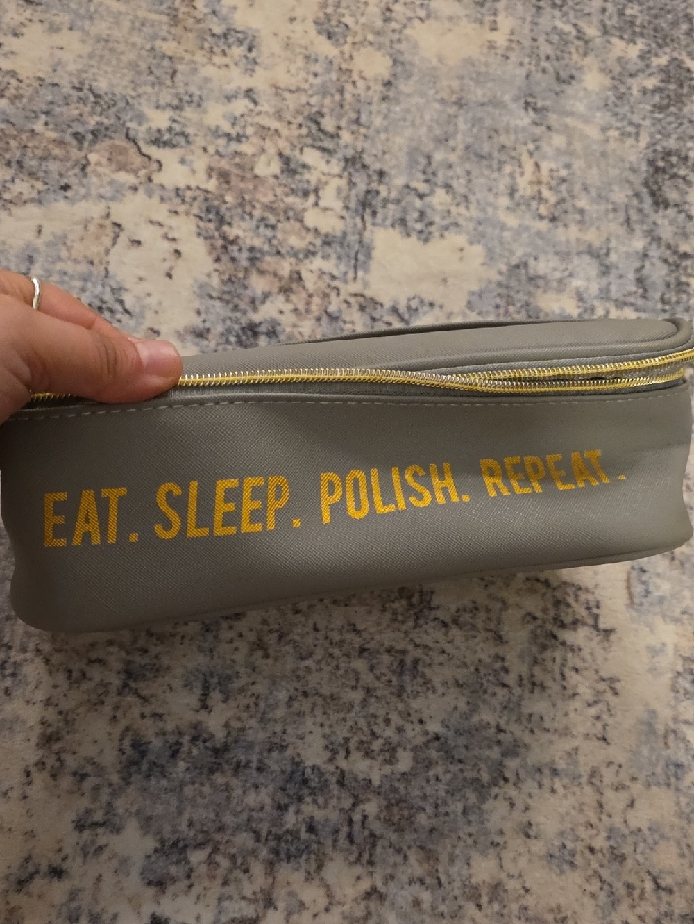 Makeup / Nail Polish Pouch - Gray with Gold Text